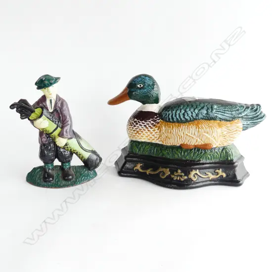2 PAINTED CAST IRON DOOR STOPS; MALLARD DUCK W.335mm, GOLFER H.215mm