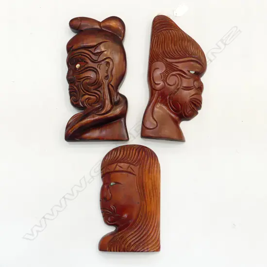 3 WOODEN MAORI WALL HEADS