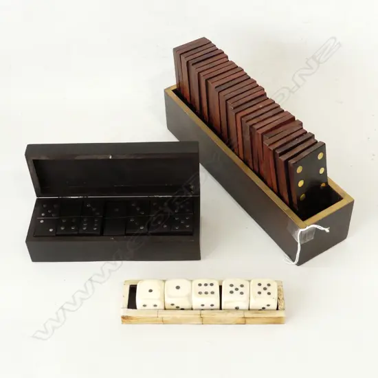 3 GAMES; 2x DOMINOES, 5 BONE DICE 