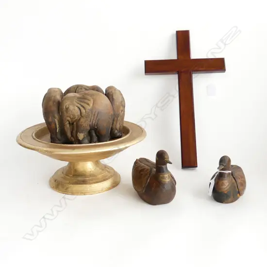 MAHOGANY CRUCIFIX H.400mm, PR WOODEN DUCKS, CERAMIC ELEPHANT CANDLE HOLDER 175mm dia GILDED WOODEN COMPORT 300mm dia