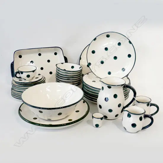 35 PCE STUDIO CERAMICS LILY JONES NZ H/PAINTED GREEN POLKA DOT DINNER SERVICE...