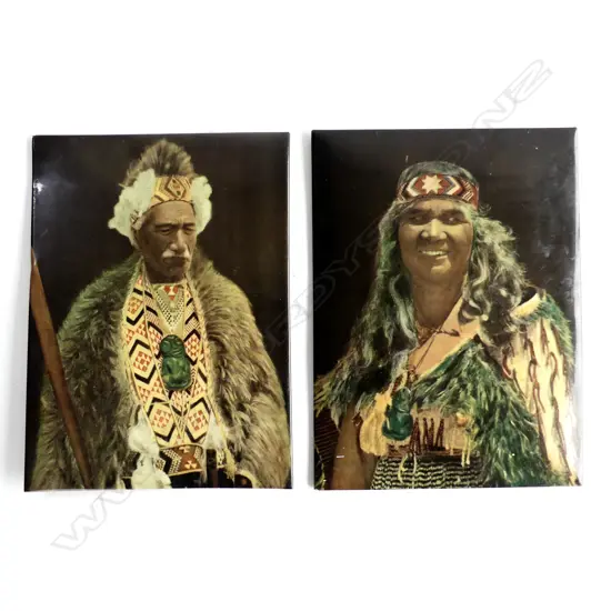 TWO MAORI  PHOTOGRAPHIC PORTRAITS OVER TIN. OF GUIDE SUSAN No 207 TRADE MARK 29628. OTHER MAORI CHIEF . BOTH H. 240mm