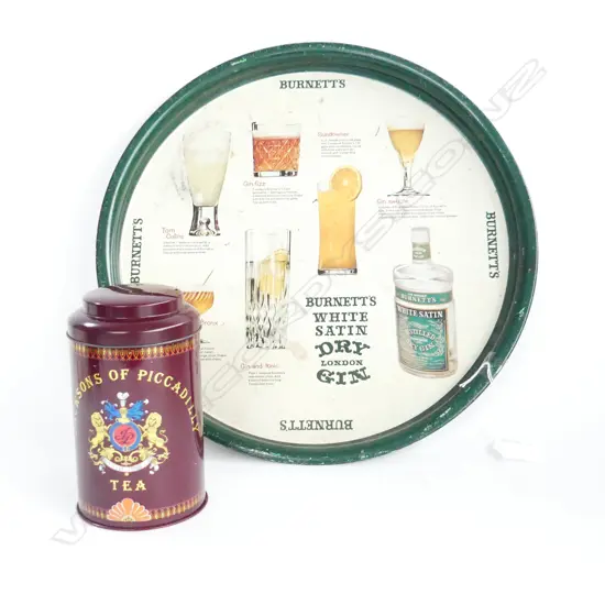 BURNETTS WHITE SATIN DRY LONDON GIN BAR TRAY & NEAR MINT COND. JACKSONS OF PICCADILLY TEA TIN