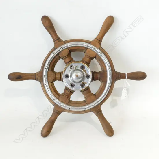 OLD WOOD & CHROME SHIPS WHEEL, DIA 400mm