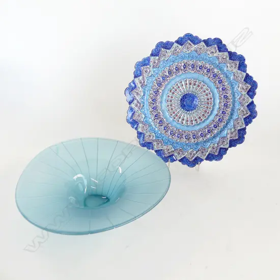 SIGNED ART GLASS BOWL 260mm dia + MIDDLE EASTERN METAL PLATE 290mm dia