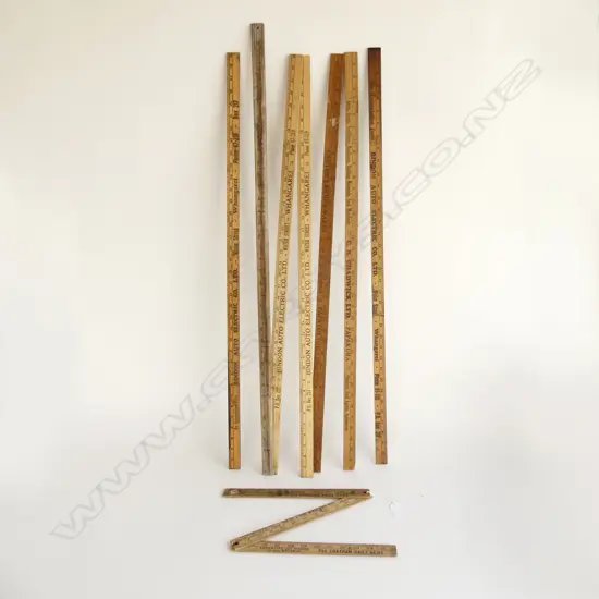 8 VINTAGE RULERS; 7 FLAT 36'' 915mm, 1 FOLDING 'CHATHAM DAILY NEWS'