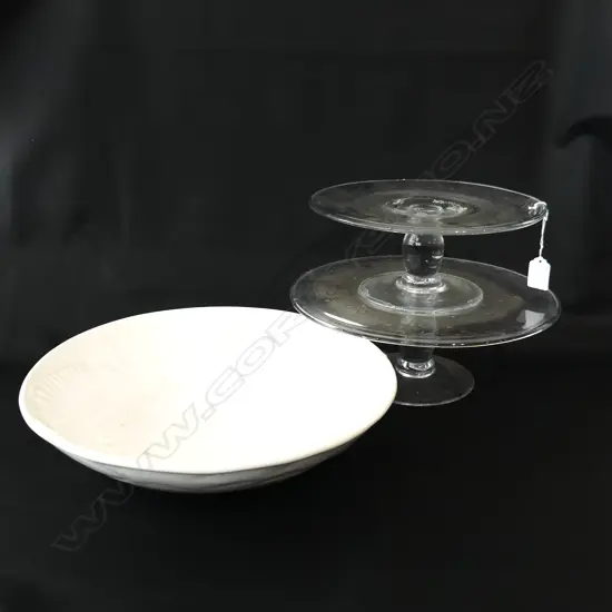 LG WHITE PORTUGUESE BOWL (DIA 355mm) + GLASS 2-TIER CAKE STAND