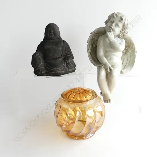 RESIN ANGEL H.300mm, STONE BUDDHA, ORANGE GLASS LIDDED CONTAINER