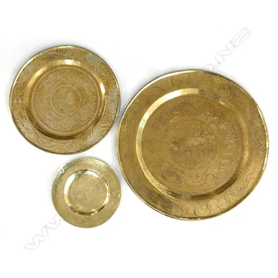 3 CHINESE BRASS CIRCULAR TRAYS; 250, 420, 560mm dia