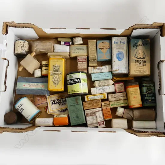 BOX OF VINTAGE MEDICAL PARAPHERNALIA – TINS, MEDICINES, PACKAGING, BANDAGES ETC