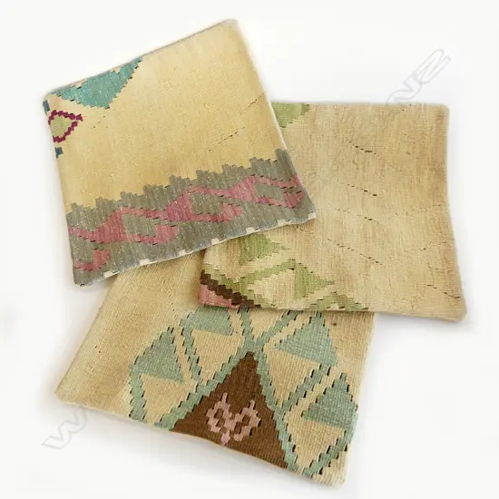 3 ASST TURKISH KELIM CUSHION COVERS 400 X 400mm CREAM BACKGROUND WITH PINKS, GREENS, BLUES 