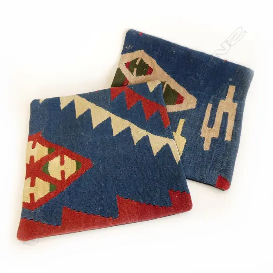 2 TURKISH KELIM CUSHION COVERS, BLUE TONES 400 X 400mm