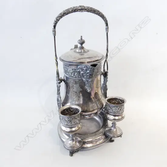 LG VICTORIAN SILVER PLATE LIDDED POURING JUG ON STAND WITH 2 GOBLETS H. 540mm