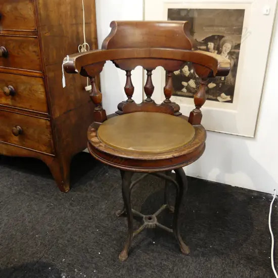 ANTIQUE MAHOGANY SHIP CAPTAINS SWIVEL CHAIR ON CAST IRON BASE H.890mm