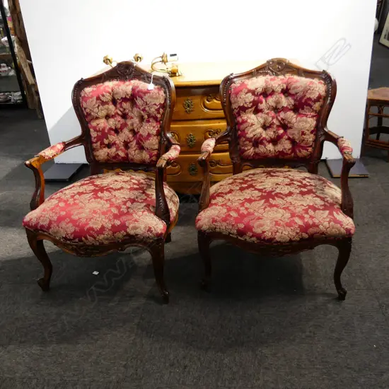PR FRENCH STYLE BERGERE ARMCHAIRS IN FLORAL BURGUNDY UPHOLSTERY
