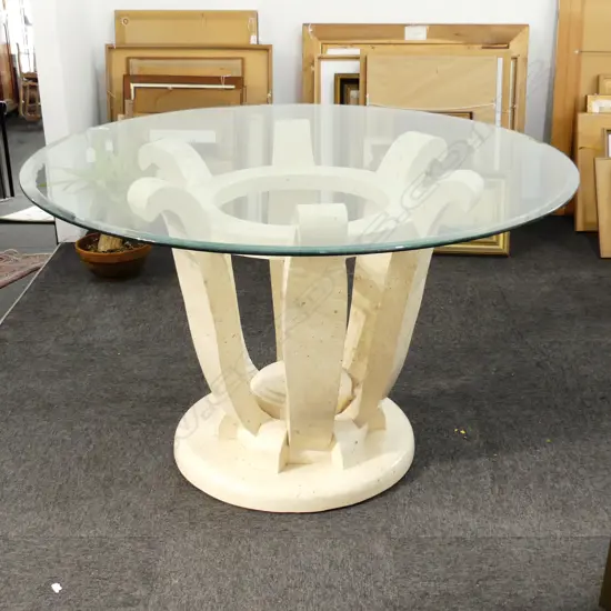 FOSSIL STONE GLASS TOP DINING TABLE 1200mm dia H.765mm