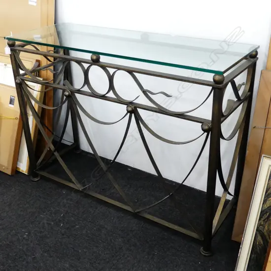 WROUGHT IRON CONSOLE TABLE - GLASS TOP 1100x400x815mm