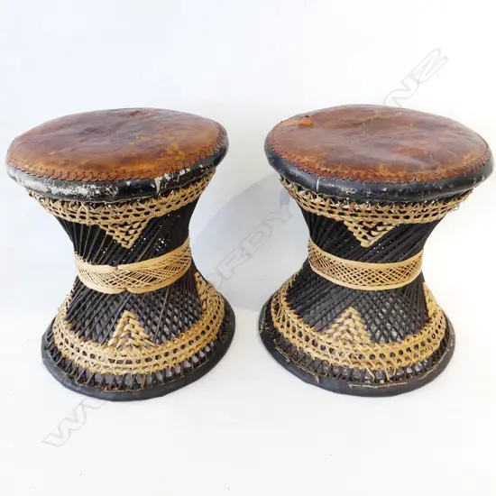 PR 1940’S EAST ASIAN LEATHER & FLAX STOOLS H370MM