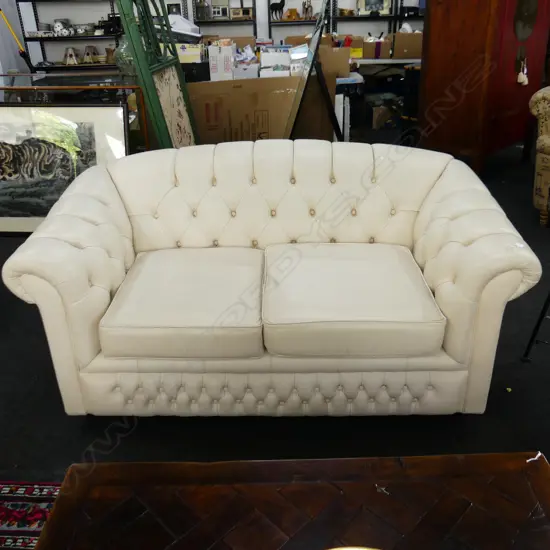 FULL GRAIN AUST. WHITE LEATHER 2 SEATER CHESTERFIELD SOFA 1700x900x870mm