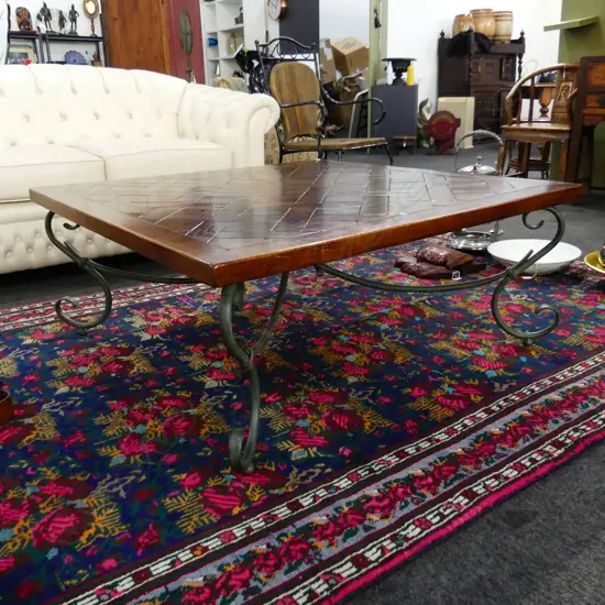 SQUARE COFFEE TABLE - OAK PARQUET TOP / IRON BASE 1100x1100x455mm