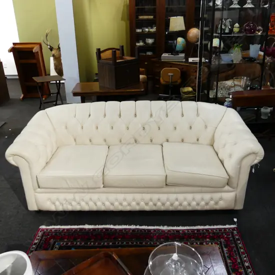 FULL GRAIN AUST. WHITE LEATHER 3 SEATER CHESTERFIELD SOFA 2200x900x870mm