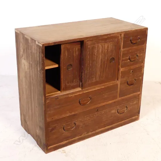 VINTAGE JAPANESE SMALL TANSU CHEST 5 drawers + pr doors. H.545mm