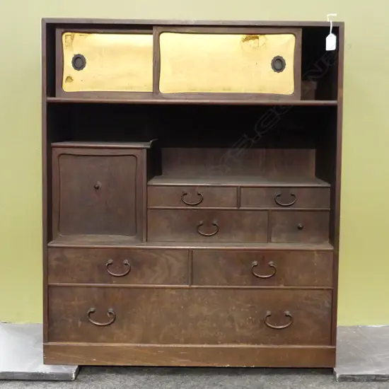 VINTAGE JAPANESE TEA CEREMONY TANSU CABINET pr gilded doors faulted + 7 drawers & other small door H.810mm exotic wood