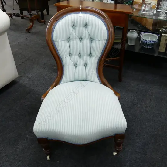 VICTORIAN GRANDMOTHER CHAIR IN GREEN STRIPED UPHOLSTERY