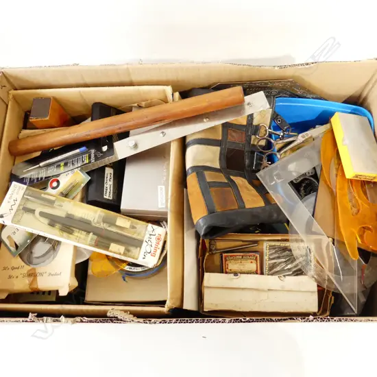 BOX LOT ASST. PHOTOGRAPHIC, WRITING & DRAWING EQUIPMENT