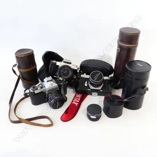 3 OLD PENTAX FILM CAMERAS & 3 CASED LENSES 