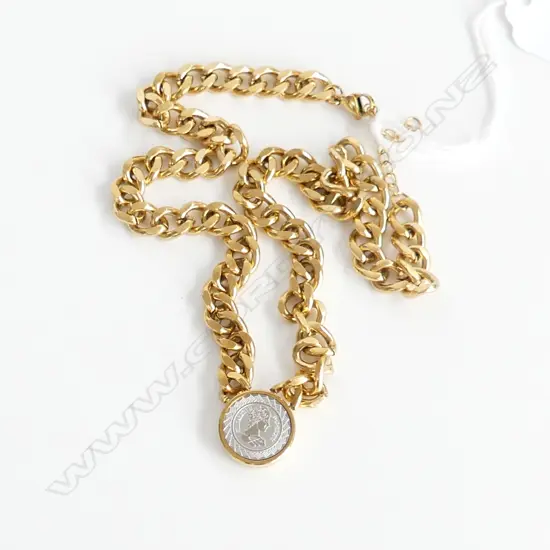HEAVY GOLD GILT CURB LINK CHAIN NECKLACE WITH 'HR' ELIZABETH COIN PENDANT