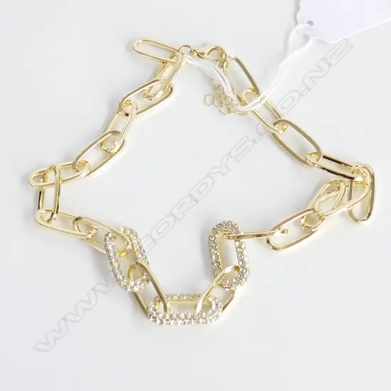MODERN DESIGNER GOLD GILT LINK & CZ NECKLACE 