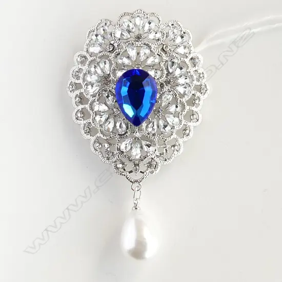 LG FAUX DIAMOND & SAPPHIRE BROOCH WITH PEARL DROP L. 80mm