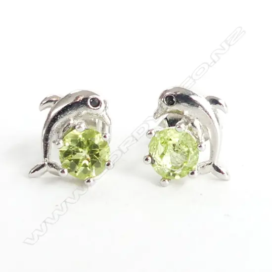 PERIDOT & SILVER DOLPHIN STUD EARRINGS
