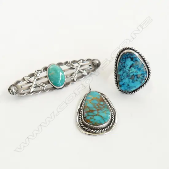 STG SILVER AND TURQUOISE RING SZ T 1/2, PENDANT AND NAVAHOE BROOCH.