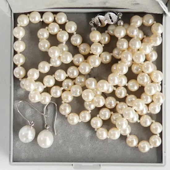 PEARL DROP HOOK EARRINGS & LONG STRAND FAUX PEARL NECKLACE, 925 SILVER HOOKS & LOCKS