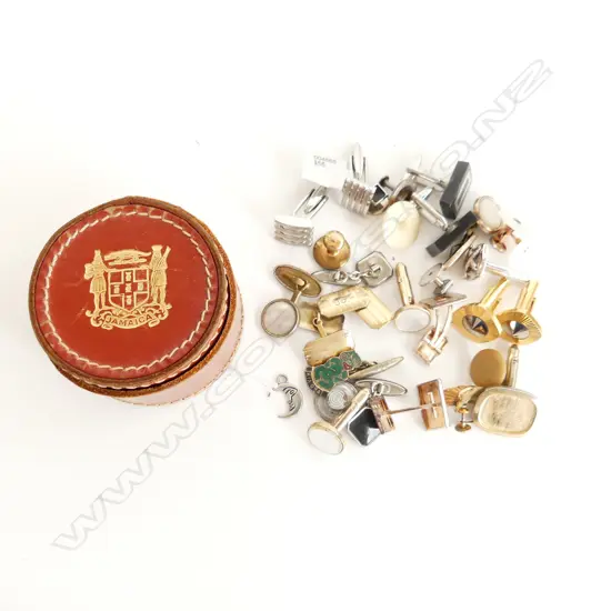 SM RED LEATHER STUD BOX WITH ASST CUFFLINKS ETC..