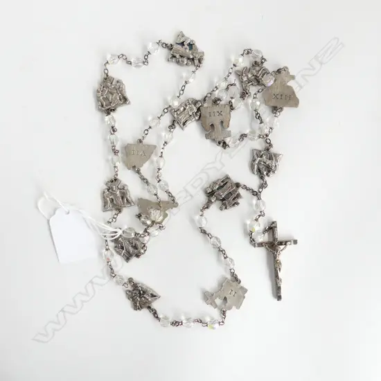 SET LONG VINTAGE ITALIAN ROSARY BEADS WITH STATIONS OF THE CROSS, FACETED CLEAR RHINESTONE BEADS