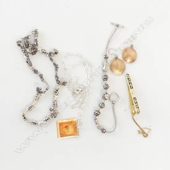 5 PCES JEWELLERY; 925 SILVER & MARCASITE NECKLACE 28 GRAMS, STAMP NECKLACE, BRACELET, 2c COIN EARRINGS, TIE PIN