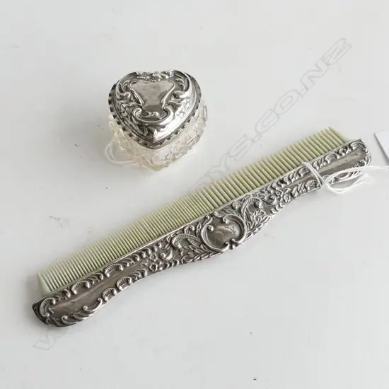 Stg top heart shape cut glass box and Stg top comb. Both Birm 1906.