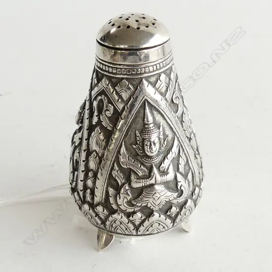  Heavily embossed Thai silver pepper pot 68gms.                