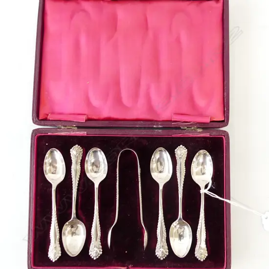 Cased Stg Silver Teaspoons and tongs. Birm 1898, 112gms.