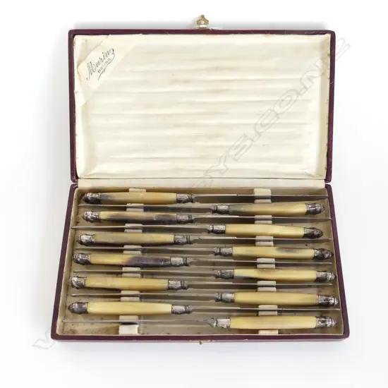 12 ANTIQUE HORN HANDLED TABLE KNIVES BY MARIN BOURG, CASED