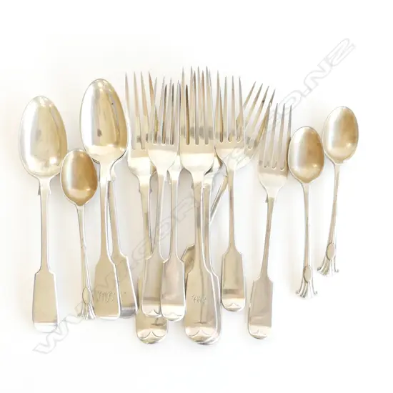 SM BOX  ASST VINTAGE MOSTLY SILVER PLATE FIDDLE PATTERN CUTLERY