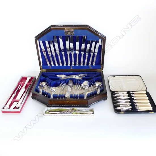 EP CUTLERY CANTEEN VINERS 'SPRINGTIME' W.460mm + 12 PCE FISH SET, CASED + CAKE & CARVING SETS, BOXED