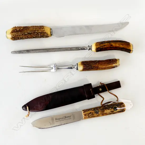 HORN HANDLED 3 PIECE CARVING SET AND BUMA FAHRTENMESSER HUNTING KNIFE.