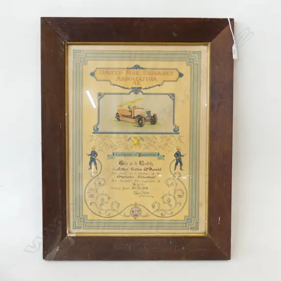 FRAMED FIRE BRIGADE CERTIFICATE 1933 480x350mm