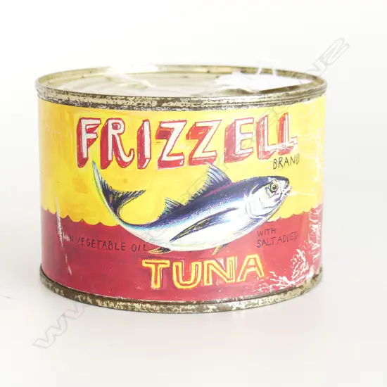 DICK FRIZZELL TUNA CAN w SCREENPRINTED LABEL H 70mm 100mm dia