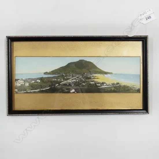 HANDCOLORED PHOTOGRAPH OF MOUNT MAUNGANUI C1940-150's, 245 X 70mm