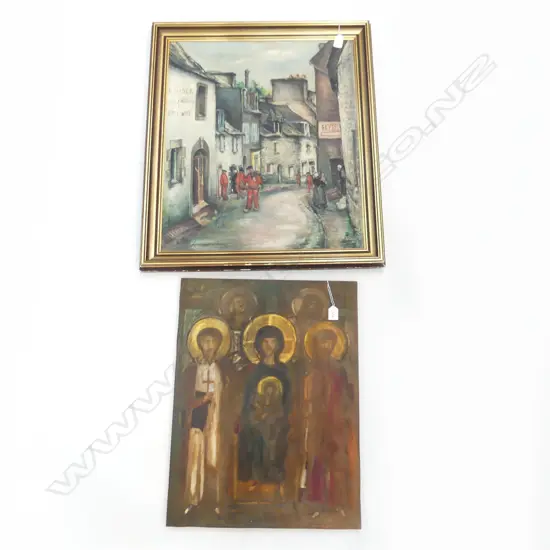 2 OLD PAINTINGS, 1 RELIGIOUS ON BOARD (460 X 610mm) + FRENCH STREET SCENE, ON CANVAS,, SIGNED (530 X 635mm)
